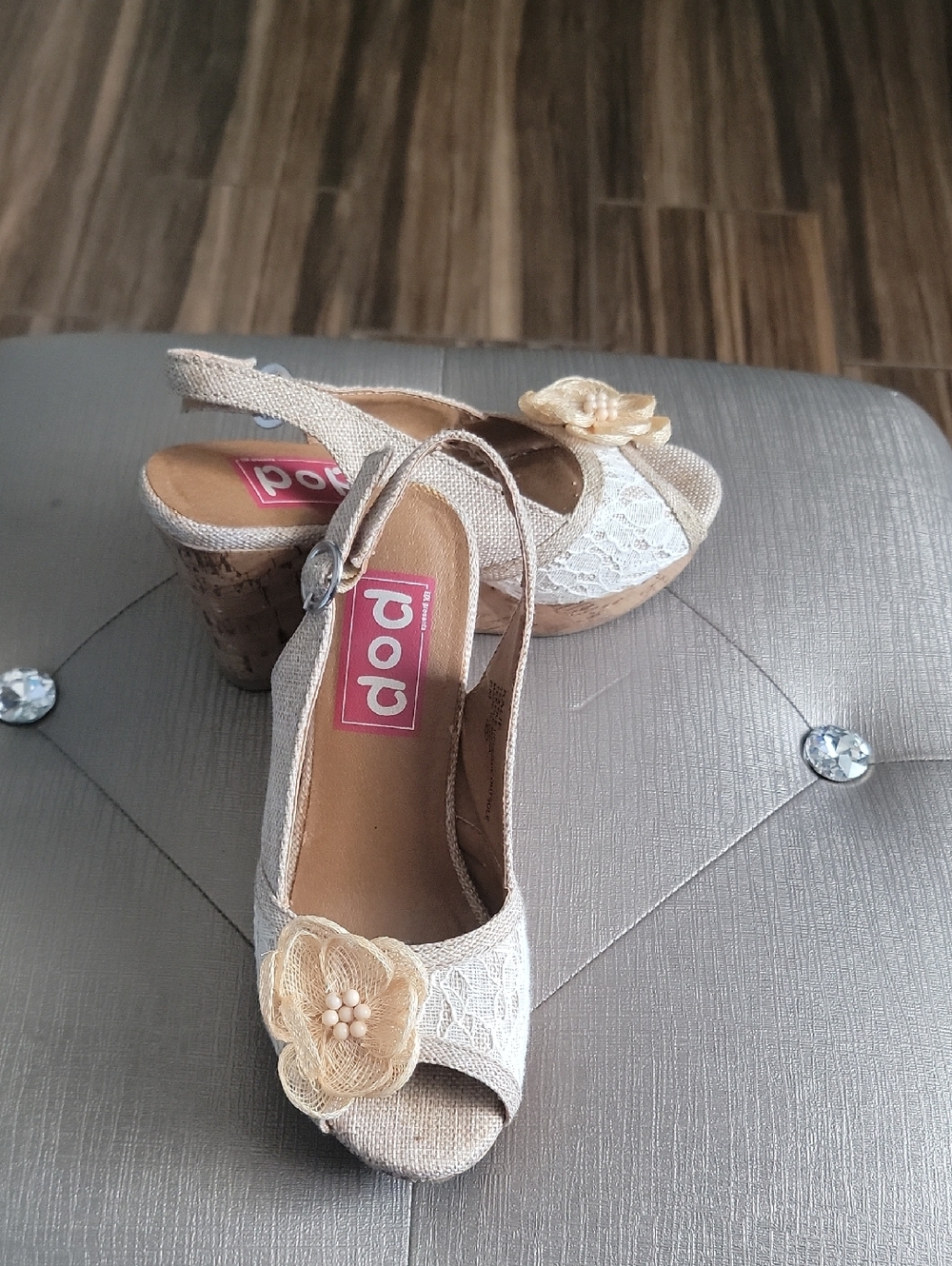 pop Cream Lace Platform Slingback Wedges with Floral Appliqué